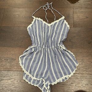 Blue and White Striped Abercrombie and Fitch Romper Swim Cover Up